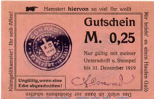 Notgeld A. Conrad Stassfurt 7085.05.01 , 25 Pfennig Handstempel in kfr. o.D. Provinz Sachsen Verkehrsausgabe