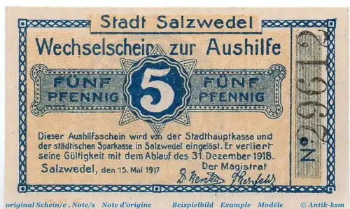 Notgeld Stadt Salzwedel 6375.10.01 , 5 Pfennig Schein in kfr. von 1917 , Provinz Sachsen Verkehrsausgabe