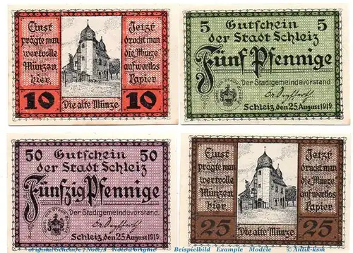 Notgeld Stadt Schleiz 6550.05.20-23 , Set mit 4 Scheinen in kfr. von 1919 , Thüringen Verkehrsausgabe