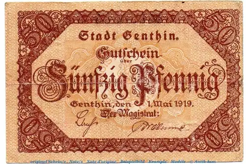 Notgeld Stadt Genthin 2175.05.05 , 50 Pfennig Schein in gbr. von 1919 , Sachsen Anhalt Verkehrsausgabe