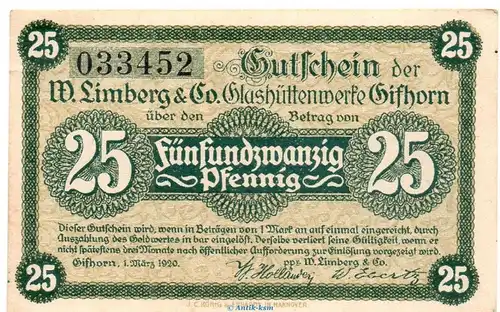 Notgeld Glashüttenwerk Gifhorn , 25 Pfennig Schein in kfr. Tieste 2235.05.02 von 1920 , Niedersachsen Verkehrsausgabe