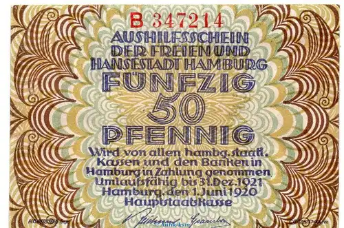 Notgeld Hauptstaatskasse Hamburg 2765.175.10 , 50 Pfennig Schein in kfr. von 1920 , Hamburg Verkehrsausgabe