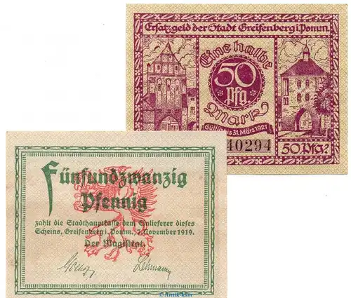 Notgeld Stadt Greifenberg 2435.05.05-06 , Set mit 2 Scheinen in kfr. von 1919 , Pommern Verkehrsausgabe