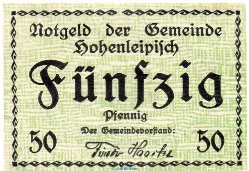 Notgeld Gemeinde Hohenleipisch 3080.05.07 , 50 Pfennig Schein in kfr. o.D. Brandenburg Verkehrsausgabe