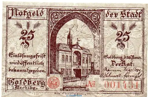 Notgeld Stadt Goldberg , 25 Pfennig Schein in kfr. von 1919 , Mecklenburg Schwerin Verkehrsausgabe