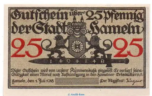 Notgeld Stadt Hameln 2770.25.20.M , 25 Pfennig Musterschein o.Kn. in kfr. von 1918 , Niedersachsen Verkehrsausgabe