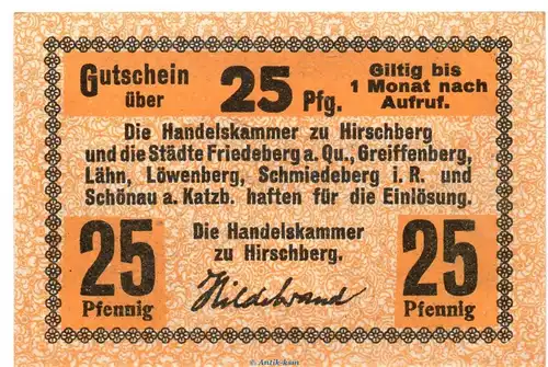 Notgeld Handelskammer Hirschberg 3045.05.15 , 25 Pfennig Schein in kfr. o.D. Schlesien Verkehrsausgabe