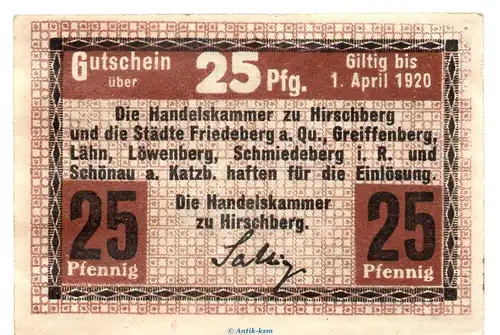 Notgeld Handelskammer Hirschberg 3045.05.10 , 25 Pfennig Schein in kfr. o.D. Schlesien Verkehrsausgabe