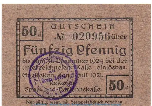 Notgeld Sparkasse Gr. Reken 2580.05.25 , 50 Pfennig o.Wz. in kfr. von 1921 , Westfalen Verkehrsausgabe