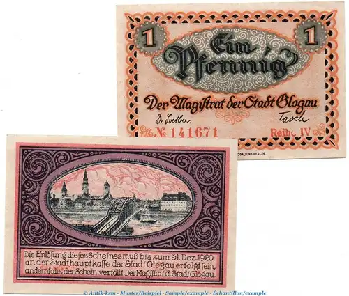 Notgeld Stadt Glogau 2280.05.20-21 , Set mit 2 Scheinen in kfr. o.D. Schlesien Verkehrsausgabe