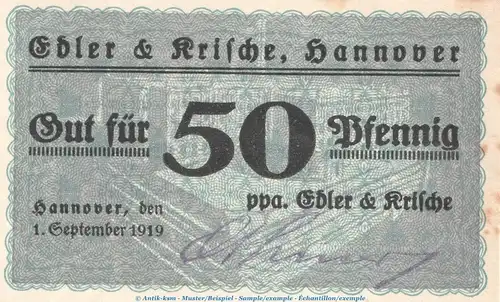 Notgeld Edler und Krische Hannover 2795.15.10 , 50 Pfennig Schein in kfr. von 1919 , Niedersachsen Verkehrsausgabe