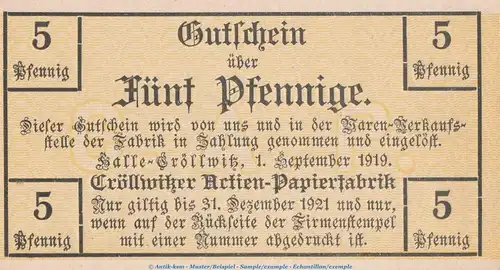 Notgeld Aktien Papierfabrik Halle-Cröllwitz 2745.05.15 , 5 Pfennig Schein in kfr. von 1919 , Sachsen Anhalt Verkehrsausgabe