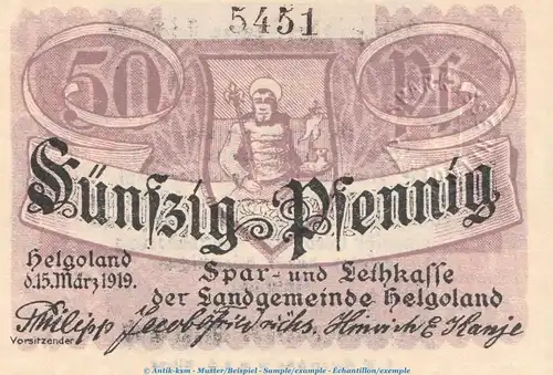 Notgeld Spar- u. Leihkasse Helgoland 2915.10.01 , 50 Pfennig Schein in kfr. von 1919 , Schleswig Holstein Verkehrsausgabe