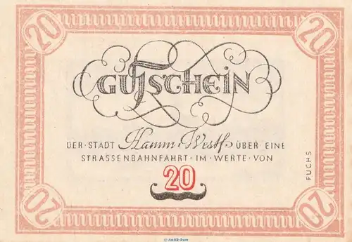 Notgeld Strassenbahn Hamm , Topp 390.2 , 20 Pfennig in kfr. o.D. Westfalen Notgeld 1945-48