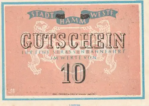 Notgeld Strassenbahn Hamm , Topp 390.1 , 10 Pfennig in kfr. o.D. Westfalen Notgeld 1945-48