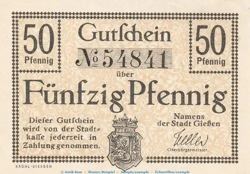 Notgeld Stadt Giessen 2230.05.01 , 50 Pfennig Schein in kfr. o.D. Hessen Verkehrsausgabe