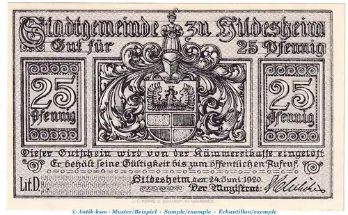 Notgeld Stadt Hildesheim , 25 Pfennig -Muster- Schein in kfr. Tieste 3030.10.05.M von 1920 , Niedersachsen Verkehrsausgabe