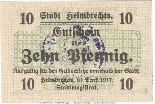 Notgeld Stadt Helmbrechts , 10 Pfennig Schein in kfr. Tieste 2925.05.01 von 1917 , Bayern Verkehrsausgabe