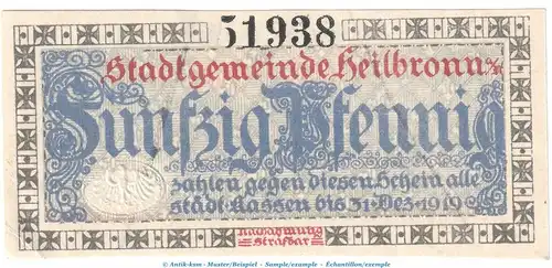 Notgeld Stadt Heilbronn , 50 Pfennig Schein in kfr. Tieste 2870.05.05 von 1917 , Württemberg Verkehrsausgabe