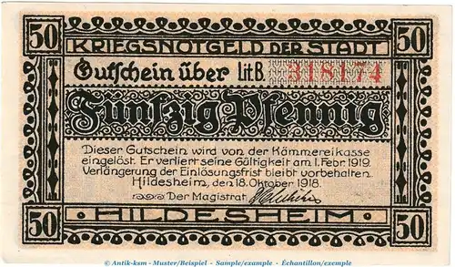 Notgeld Stadt Hildesheim , 50 Pfennig Schein in kfr. Tieste 3030.10.10 von 1918 , Niedersachsen Verkehrsausgabe