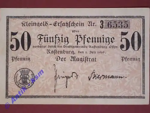 Rastenburg , Tieste 5905.05.10 Notgeld 50 Pfennig Schein in kfr. von 1919 , Oberschlesien Verkehrsausgabe