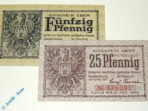 Notgeld Quedlinburg , Set mit 2 Scheinen - 1922 , Tieste 5835.25.10 und 11 , von 1917 , Sachsen Verkehrsausgabe