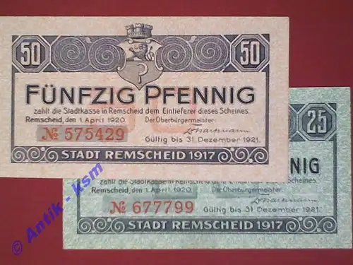 Remscheid , Notgeld Set mit 2 Scheinen in kfr. Tieste 6020.05.20-26 , Rheinland 1920 Verkehrsausgabe