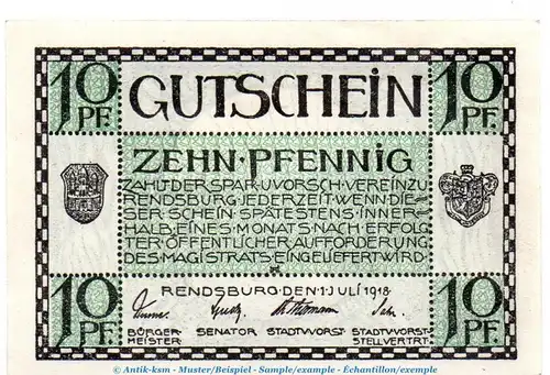 Notgeld Stadt Rendsburg 6025.05.30 , 10 Pfennig -Wz he.Kreuze- in kfr. von 1918 , Schleswig Holstein Verkehrsausgabe