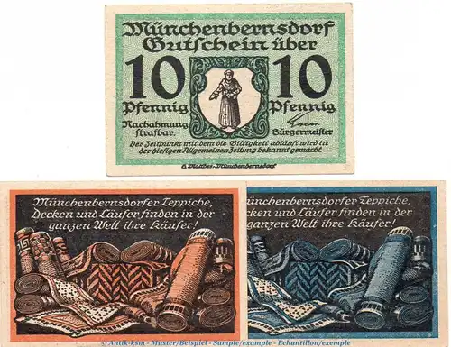 Notgeld Stadt Münchenbernsdorf 4705.05.15-17 , Set mit 3 Scheinen in kfr. o.D. Thüringen Verkehrsausgabe