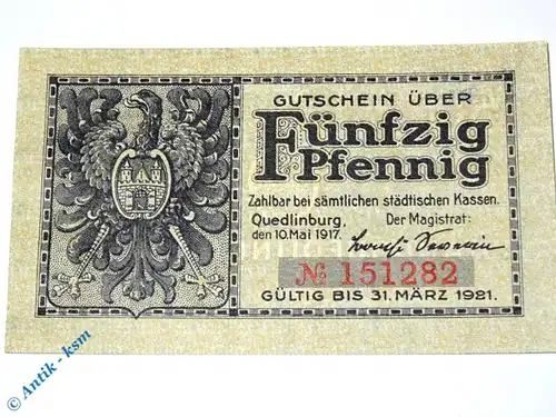 Notgeld Quedlinburg , 50 Pfennig Schein - 1921 , Tieste 5835.25.06 , von 1917 , Sachsen Verkehrsausgabe