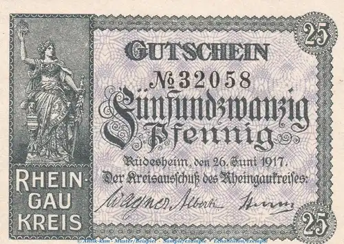 Notgeld Kreisausschuss Rüdesheim , 25 Pfennig Schein in kfr. Tieste 6280.05.02 von 1917 , Hessen Verkehrsausgabe