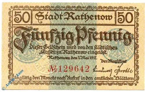 Notgeld Rathenow , 50 Pfennig Schein weiß , Tieste 5915.10.04 , von 1917 , Brandenburg Verkehrsausgabe
