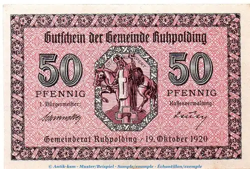 Notgeld Gemeinde Ruhpolding 6305.05.04 , 50 Pfennig Schein in kfr. von 1920 , Bayern Verkehrsausgabe
