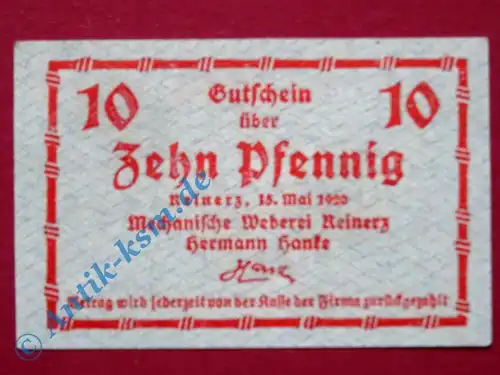 Notgeld Reinerz , H. Hanke , Einzelschein über 10 Pfennig , Tieste 6005.15 , Schlesien Verkehrsausgabe