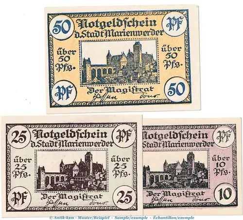 Notgeld Stadt Marienwerder , Set mit 3 Scheinen in kfr. Tieste 4390.15.05-7 o.D. Westpreussen Verkehrsausgabe