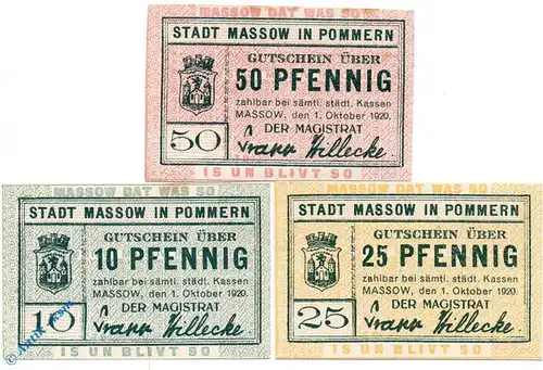 Notgeld Massow , Set mit 3 Scheinen , Tieste 4435.05.01 bis 03 , von 1920 , Pommern Verkehrsausgabe