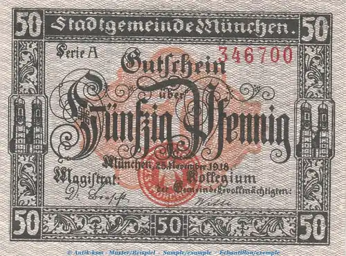 Notgeld Stadt München , 50 Pfennig Schein in kfr. Tieste 4680.1810.01 von 1918 , Bayern Verkehrsausgabe