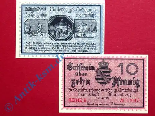 Notgeld Marienberg , Set mit 2 Scheinen , Tieste 4370.05 und 06 , von 1917 , Sachsen Verkehrsausgabe