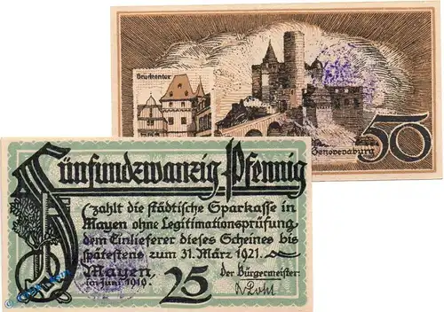 Notgeld Sparkasse Mayen 4440.05.01-02 , Set mit 2 Scheinen in kfr. von 1919 , Westfalen Verkehrsausgabe