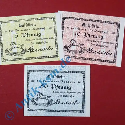 Notgeld Roßbach , Satz mit 3 Scheinen , Tieste 6200.1 bis 3 , von 1920 , Sachsen Anhalt Verkehrsausgabe