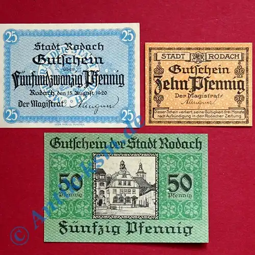 Notgeld Rodach , Satz mit 3 Scheinen , Tieste 6090.01, 05, 06 , von 1920 , Sachsen Verkehrsausgabe