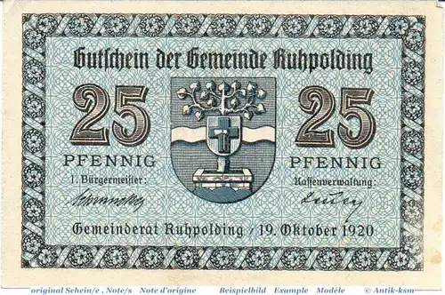 Notgeld Ruhpolding , 25 Pfennig Schein in kfr. Tieste 6305.05.03 , von 1920 , Bayern Verkehrsausgabe