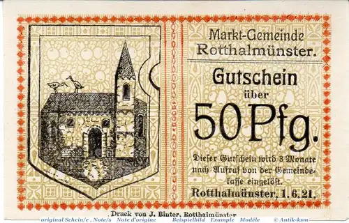 Notgeld Rotthalmünster , 50 Pfennig Schein in kfr. Tieste 6260.05.20 , von 1921 , Bayern Verkehrsausgabe