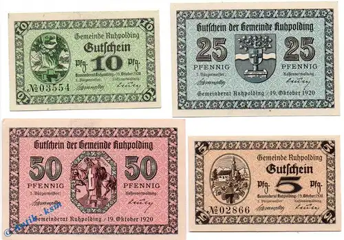 Notgeld Ruhpolding , Satz mit 4 Scheinen in kfr. Tieste 6305.01 bis 04 , von 1920 , Bayern Verkehrsausgabe