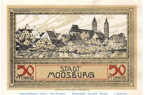 Notgeld Moosburg , 50 Pfennig Schein Antiqua in kfr. Tieste 4635.05.06 , o.D. Bayern Verkehrsausgabe