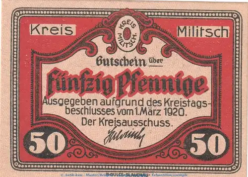Notgeld Kreis Militsch , 50 Pfennig Schein in kfr. Tieste 4560.05.02 , von 1920 , Schlesien Verkehrsausgabe