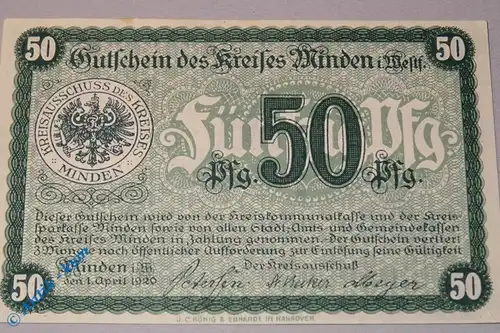 Notgeld Minden , 50 Pfennig Schein , Tieste 4575.05.06 , von 1920 , Westfalen Verkehrsausgabe