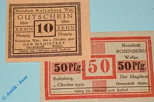 Notgeld Rosenberg , Set mit 2 Scheinen , Tieste 6185.05.15 und 16 , von 1920 , Westpreussen Verkehrsausgabe
