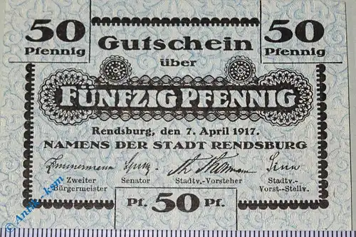 Notgeld Rendsburg , 50 Pfennig Schein , Musterschein ohne Kennummer , Tieste 6025.05.02.M , von 1917 , Schleswig Holstein Verkehrsausgabe
