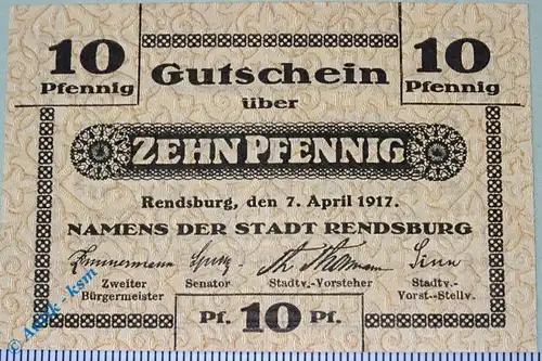 Notgeld Rendsburg , 10 Pfennig Schein , Musterschein ohne Kennummer , Tieste 6025.05.01.M , von 1917 , Schleswig Holstein Verkehrsausgabe